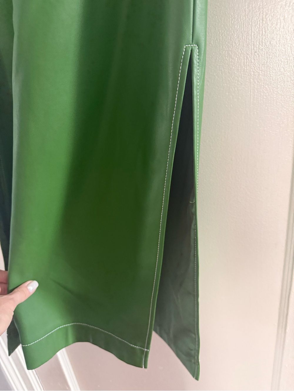 STAUD Bright Green Faux Leather Midi Skirt with Front Flap Pockets - Picture 11 of 11